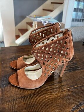 BCBGeneration Suede Cutout Open-Toe Heels — Brown